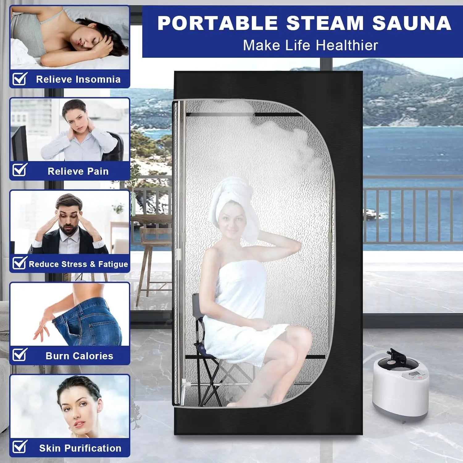Portable 1-Person Steam Sauna Tent 2.6L 1000 Watt Steamer Folding Full-Body Indoor Suit for Home Use Made in China-3