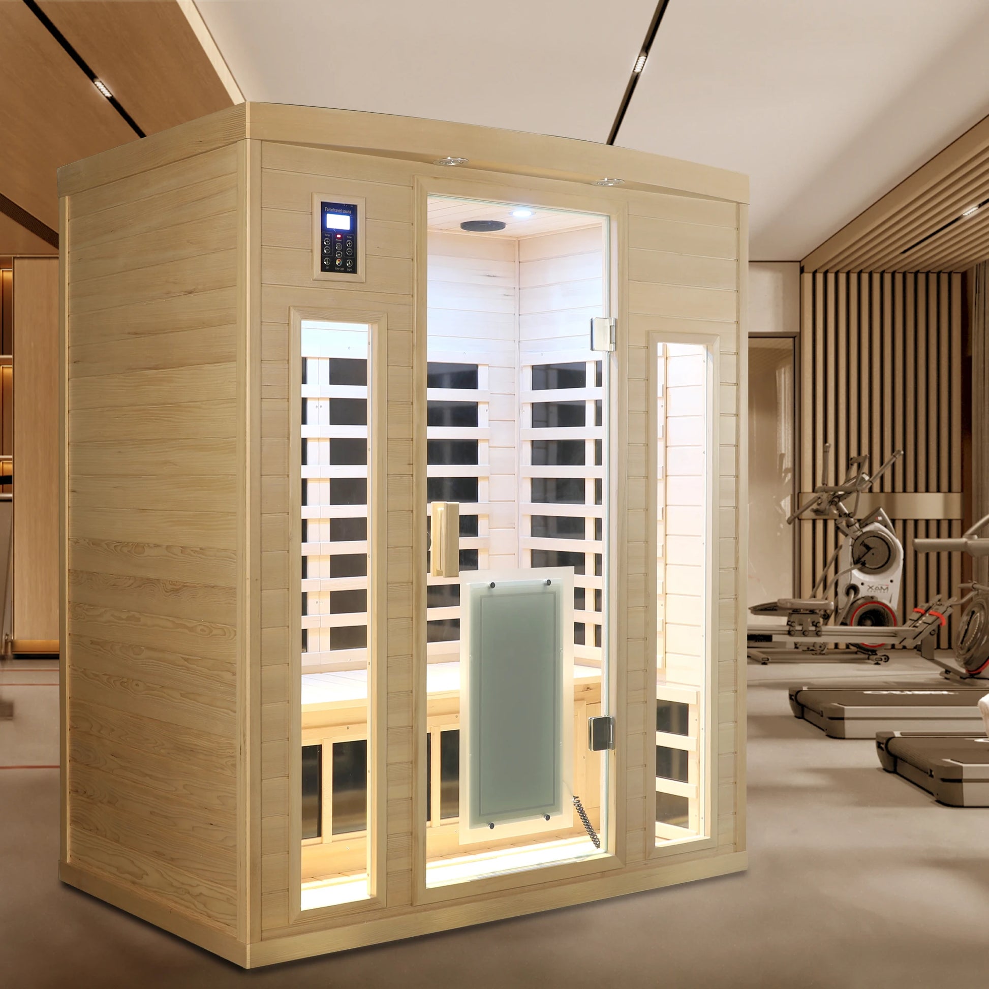 Low EMF, There Is Also a Heating Plate on the Glass Door, Hemlock Wood Far-infrared Indoor Three Person Sauna Room-1