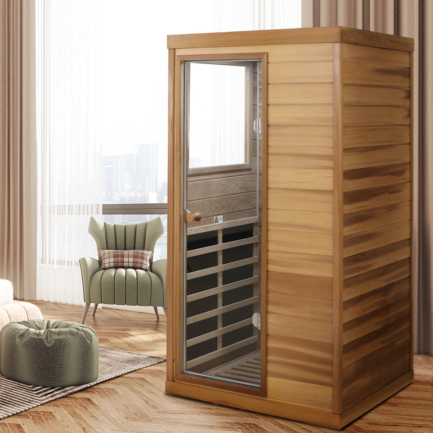 Red Cedar Mini One Person Far Infrared Glass Door on the Left of the Indoor Sauna Room-2