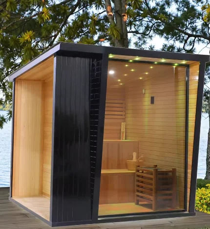Outdoor square Steam Sauna 4 Person Red Cedar Hemlock Traditional  Wooden Black Sauna Cabin for Health Spa-2