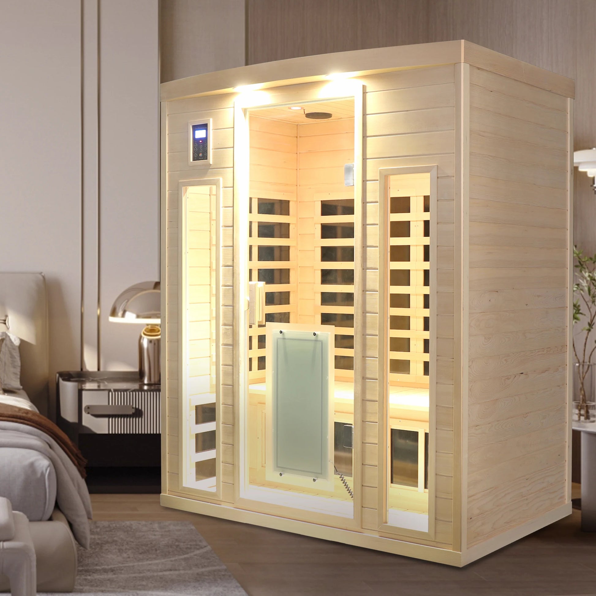 Low EMF, There Is Also a Heating Plate on the Glass Door, Hemlock Wood Far-infrared Indoor Three Person Sauna Room-0