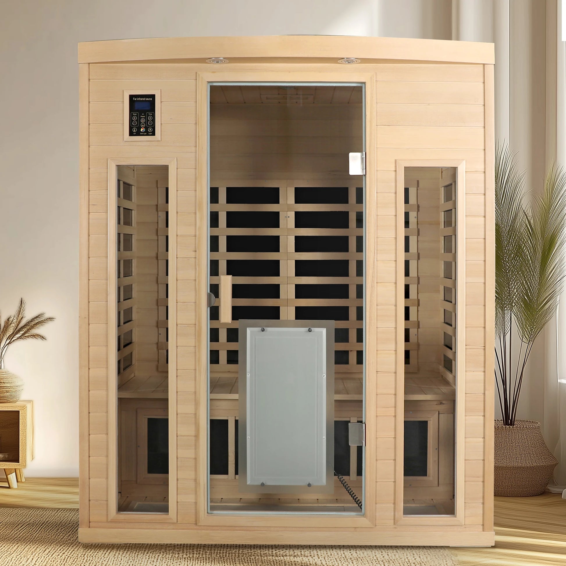 Low EMF, There Is Also a Heating Plate on the Glass Door, Hemlock Wood Far-infrared Indoor Three Person Sauna Room-2