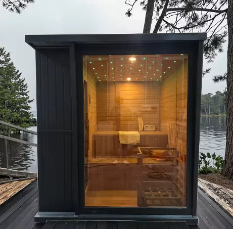 Outdoor square Steam Sauna 4 Person Red Cedar Hemlock Traditional  Wooden Black Sauna Cabin for Health Spa-1